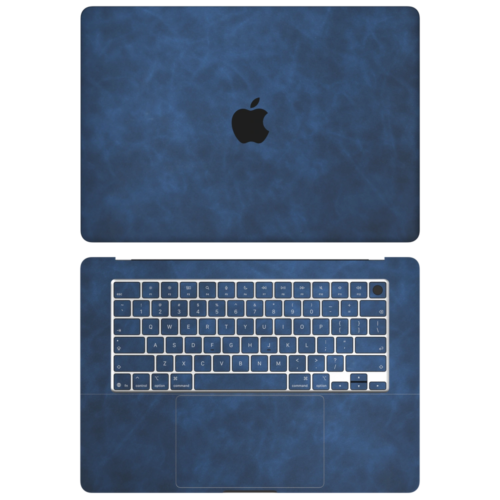 Dark Gray Blue scrub-textured synthetic leather MacBook skin. Top+Inside coverage: A and C with matching keycaps; no bottom or screen-edge pieces. Air 15.3 M3-M5 shared material/installation reference; exact cutouts and included pieces follow selected model and coverage. Laptop not included.