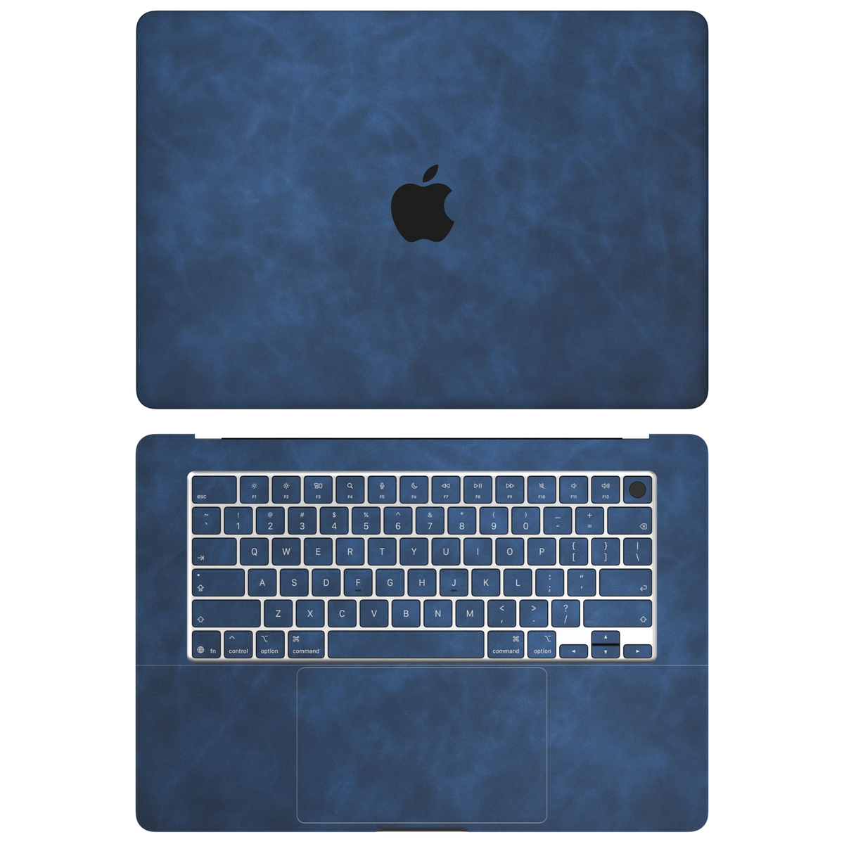 Dark Gray Blue scrub-textured synthetic leather MacBook skin. Top+Inside coverage: A and C with matching keycaps; no bottom or screen-edge pieces. Air 15.3 M3-M5 shared material/installation reference; exact cutouts and included pieces follow selected model and coverage. Laptop not included.