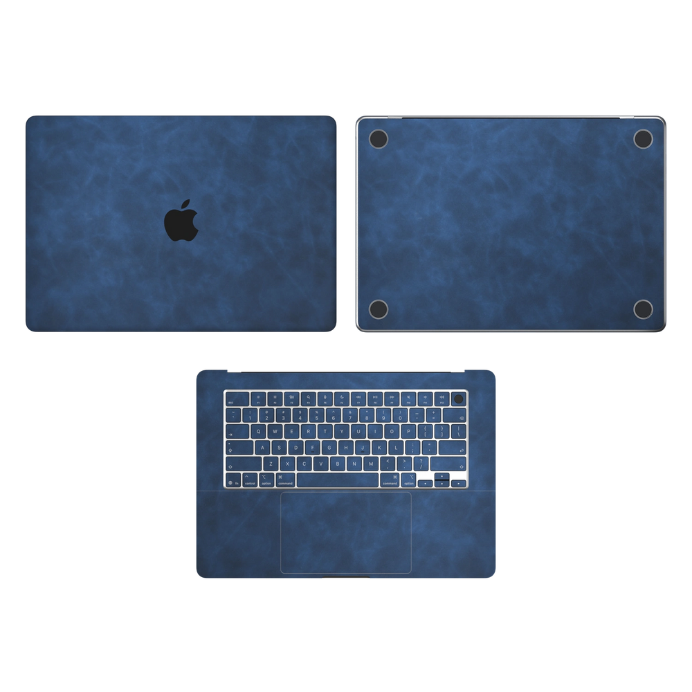 Dark Gray Blue scrub-textured synthetic leather MacBook skin. Top Inside & Bottom Wraps coverage: A, C and D with matching keycaps; no screen edge. Air 15.3 M3-M5 shared material/installation reference; exact cutouts and included pieces follow selected model and coverage. Laptop not included.