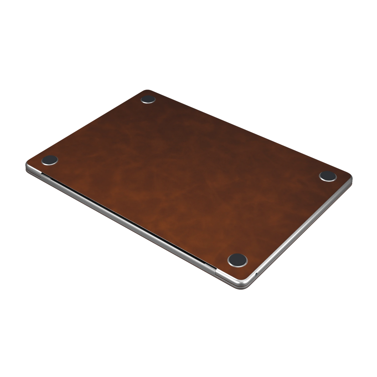 Coffee Brown scrub-textured synthetic leather MacBook skin. Bottom material detail. Air 15.3 M3-M5 shared material/installation reference; exact cutouts and included pieces follow the selected model and coverage. Laptop not included.