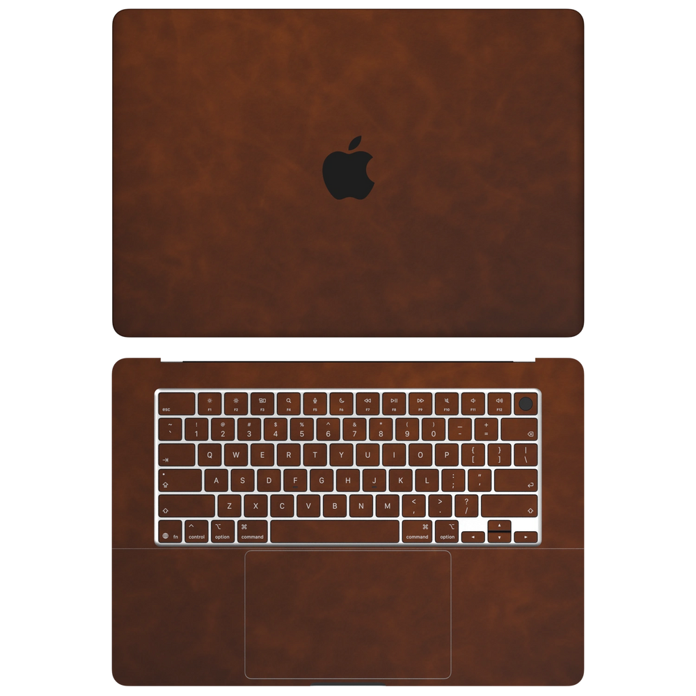 Coffee Brown scrub-textured synthetic leather MacBook skin. Top+Inside coverage: A and C with matching keycap stickers; no bottom or screen-edge pieces. Air 15.3 M3-M5 shared material/installation reference; exact cutouts and included pieces follow the selected model and coverage. Laptop not included.