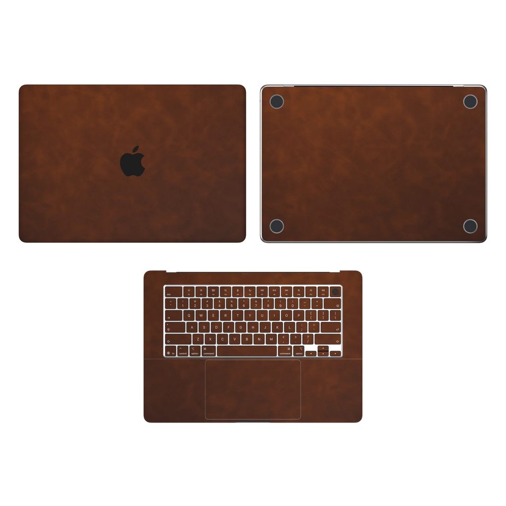 Coffee Brown scrub-textured synthetic leather MacBook skin. Top Inside & Bottom Wraps coverage: A, C and D with matching keycap stickers; no screen-edge pieces. Air 15.3 M3-M5 shared material/installation reference; exact cutouts and included pieces follow the selected model and coverage. Laptop not included.