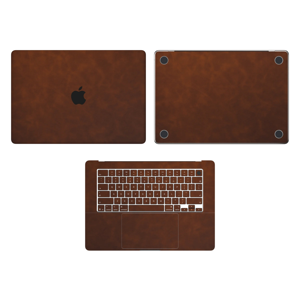 Coffee Brown scrub-textured synthetic leather MacBook skin. Top Inside & Bottom Wraps coverage: A, C and D with matching keycap stickers; no screen-edge pieces. Air 15.3 M3-M5 shared material/installation reference; exact cutouts and included pieces follow the selected model and coverage. Laptop not included.