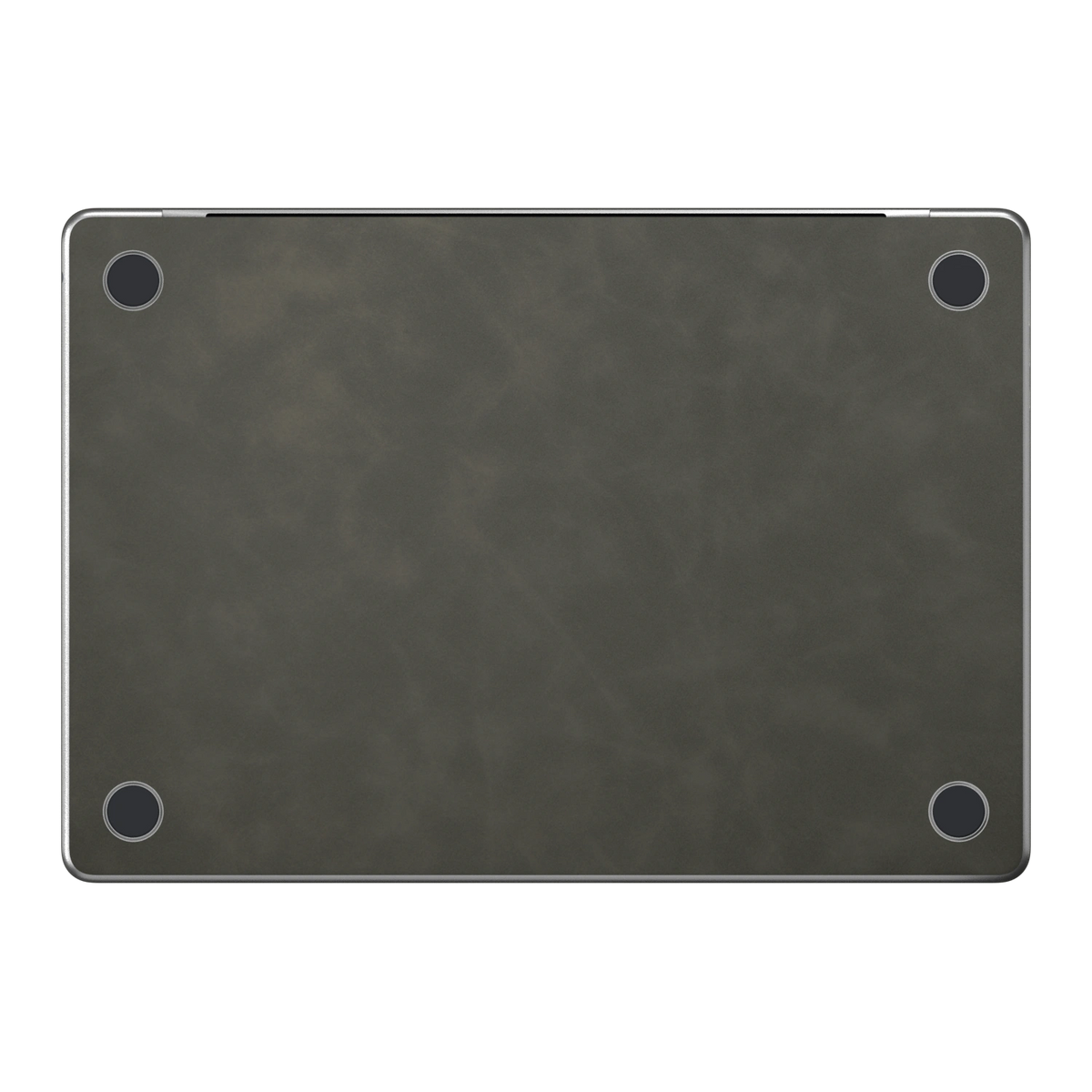 Dark Gray scrub-textured synthetic leather MacBook skin. Bottom (D) material illustration; included only with bottom coverage. Air 15.3 M3-M5 shared material/installation reference; exact cutouts and included pieces follow selected model and coverage. Laptop not included.