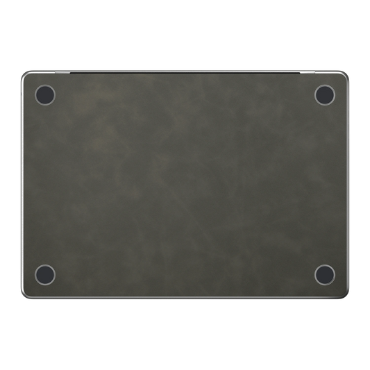 Dark Gray scrub-textured synthetic leather MacBook skin. Bottom (D) material illustration; included only with bottom coverage. Air 15.3 M3-M5 shared material/installation reference; exact cutouts and included pieces follow selected model and coverage. Laptop not included.