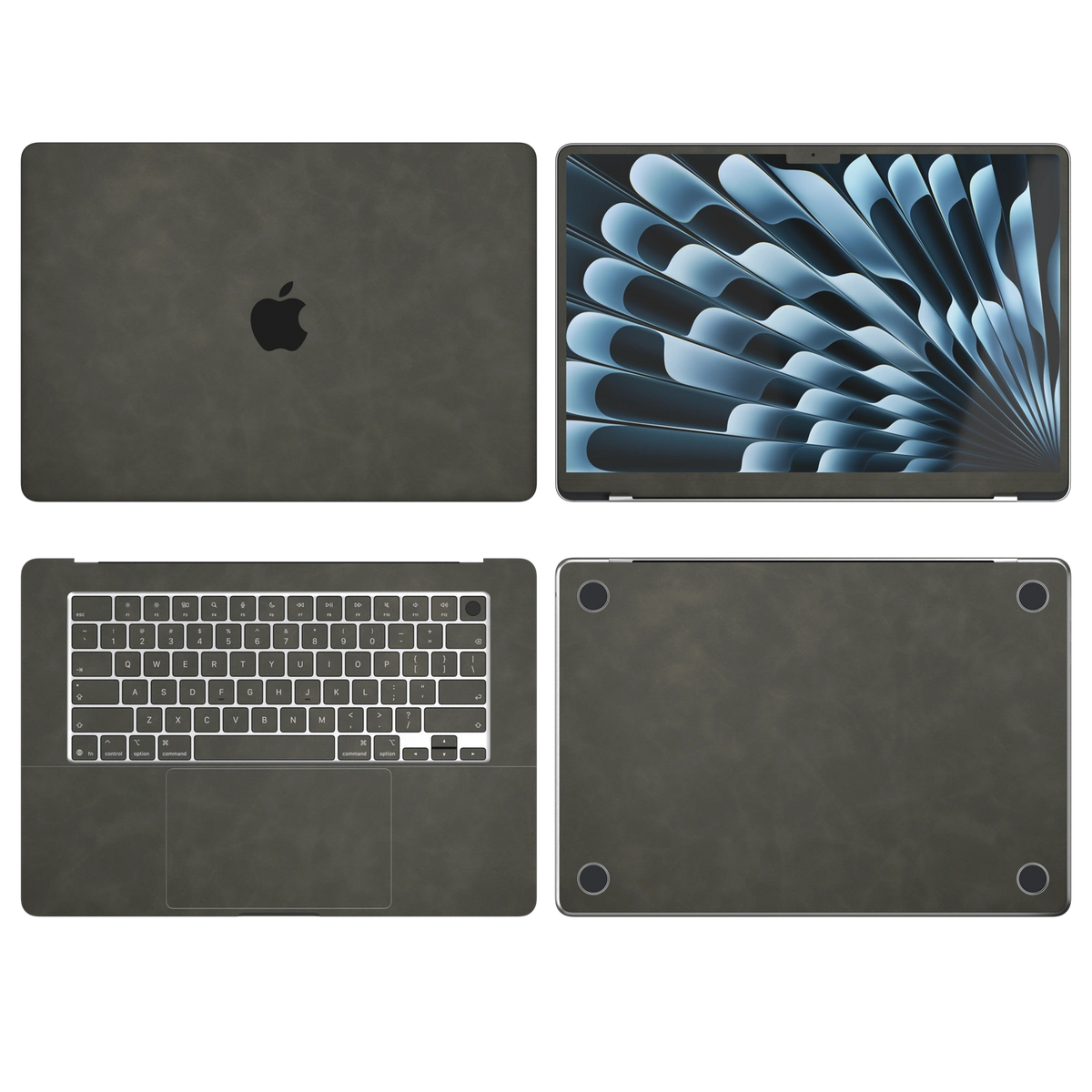Dark Gray scrub-textured synthetic leather MacBook skin. Top Inside Bottom & Screen edge coverage: A, B, C and D with matching keycaps, where supported by selected model. Air 15.3 M3-M5 shared material/installation reference; exact cutouts and included pieces follow selected model and coverage. Laptop not included.
