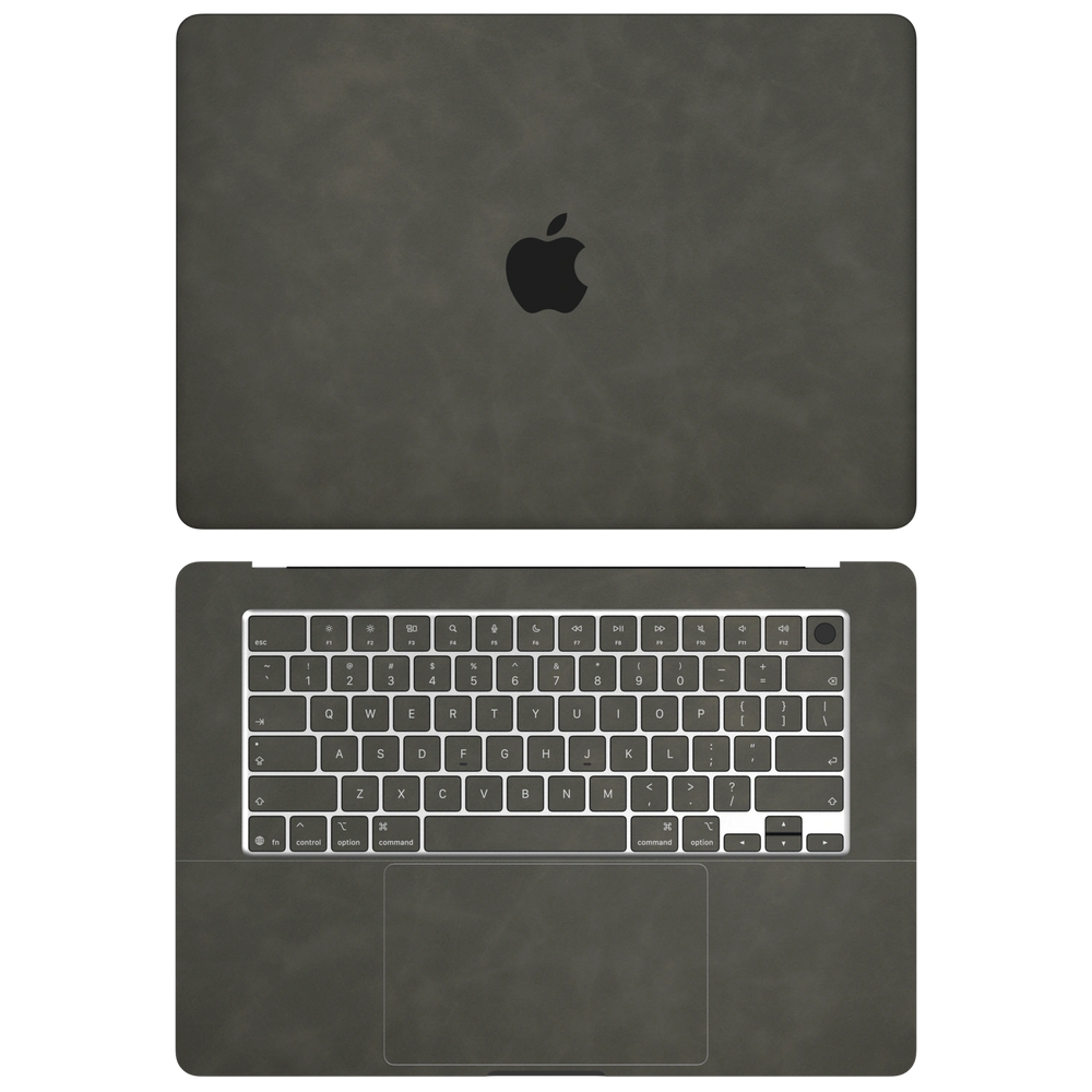 Dark Gray scrub-textured synthetic leather MacBook skin. Top+Inside coverage: A and C with matching keycaps; no bottom or screen-edge pieces. Air 15.3 M3-M5 shared material/installation reference; exact cutouts and included pieces follow selected model and coverage. Laptop not included.