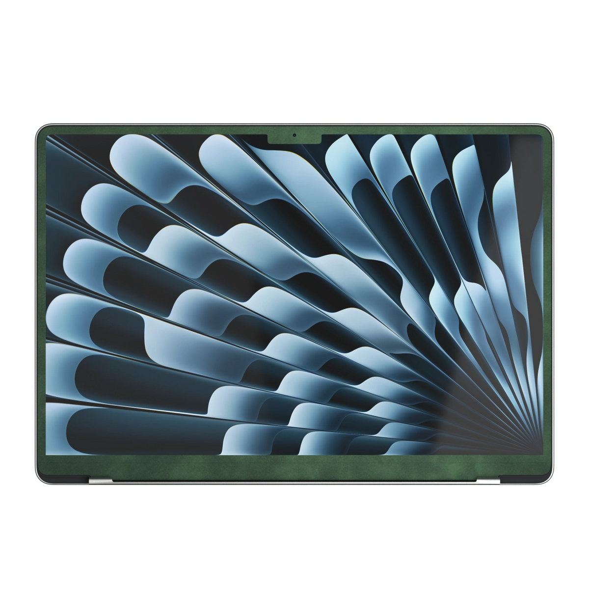 Green scrub-textured synthetic leather MacBook skin. Screen edge (B) material illustration, only included where selected coverage/model supports it. Air 15.3 M3-M5 shared material/installation reference; exact cutouts and included pieces follow selected model and coverage. Laptop not included.