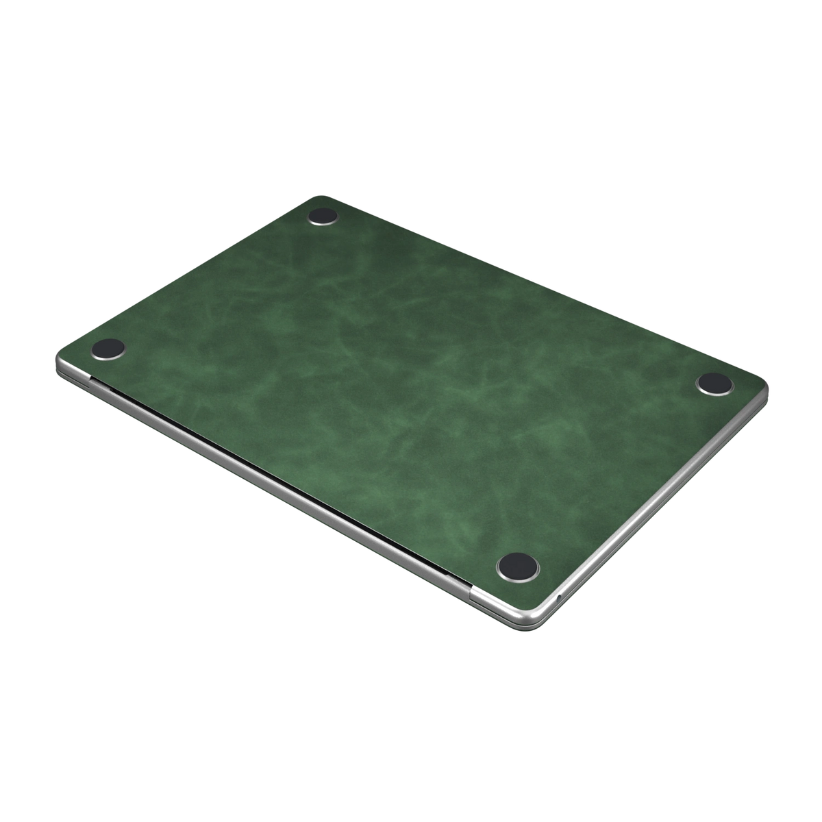 Green scrub-textured synthetic leather MacBook skin. Bottom material detail. Air 15.3 M3-M5 shared material/installation reference; exact cutouts and included pieces follow selected model and coverage. Laptop not included.