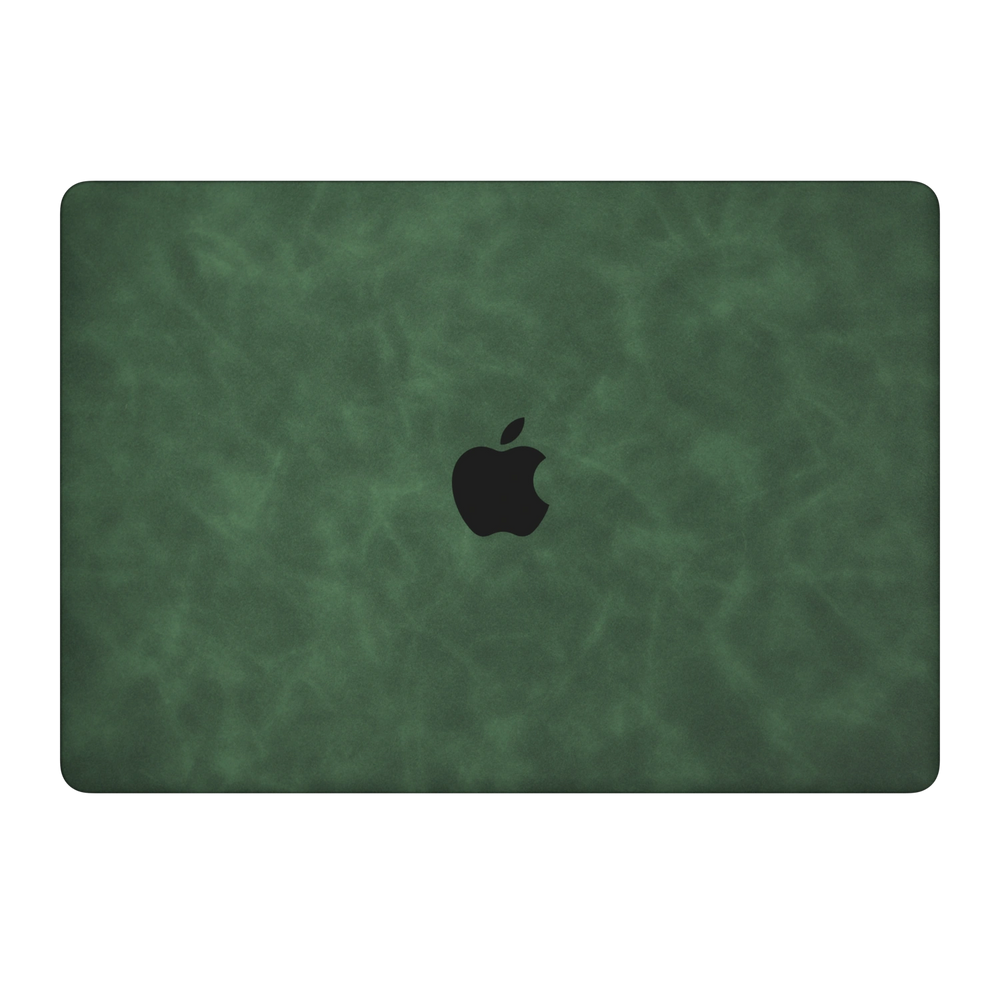 Green scrub-textured synthetic leather MacBook skin. Top Lid coverage: A only. Air 15.3 M3-M5 shared material/installation reference; exact cutouts and included pieces follow selected model and coverage. Laptop not included.