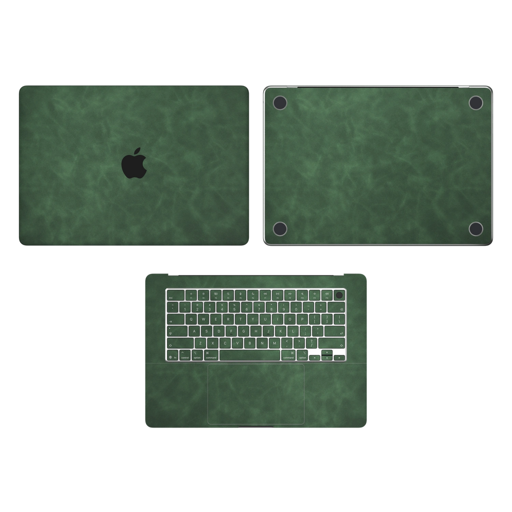 Green scrub-textured synthetic leather MacBook skin. Top Inside & Bottom Wraps coverage: A, C and D with matching keycaps; no screen edge. Air 15.3 M3-M5 shared material/installation reference; exact cutouts and included pieces follow selected model and coverage. Laptop not included.