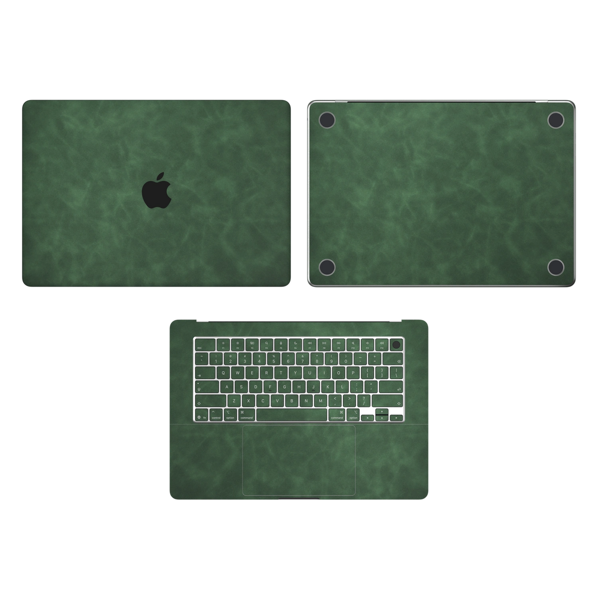 Green scrub-textured synthetic leather MacBook skin. Top Inside & Bottom Wraps coverage: A, C and D with matching keycaps; no screen edge. Air 15.3 M3-M5 shared material/installation reference; exact cutouts and included pieces follow selected model and coverage. Laptop not included.