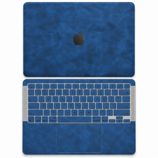 Dark Gray Blue scrub-textured synthetic leather MacBook skin coverage illustration: top lid and inside, with matching keycap stickers.