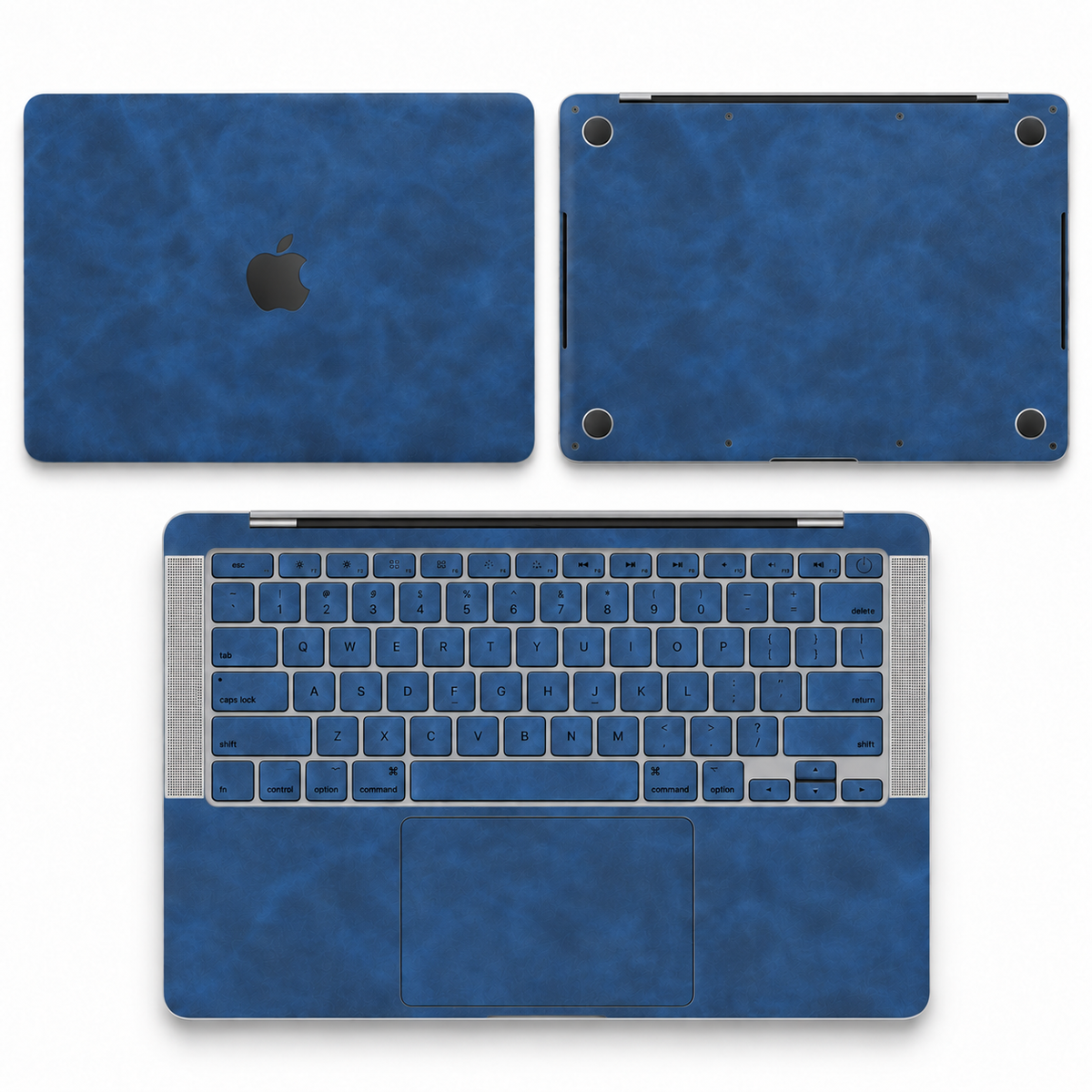 Dark Gray Blue scrub-textured synthetic leather MacBook skin coverage illustration: top lid, inside and bottom, with matching keycap stickers.