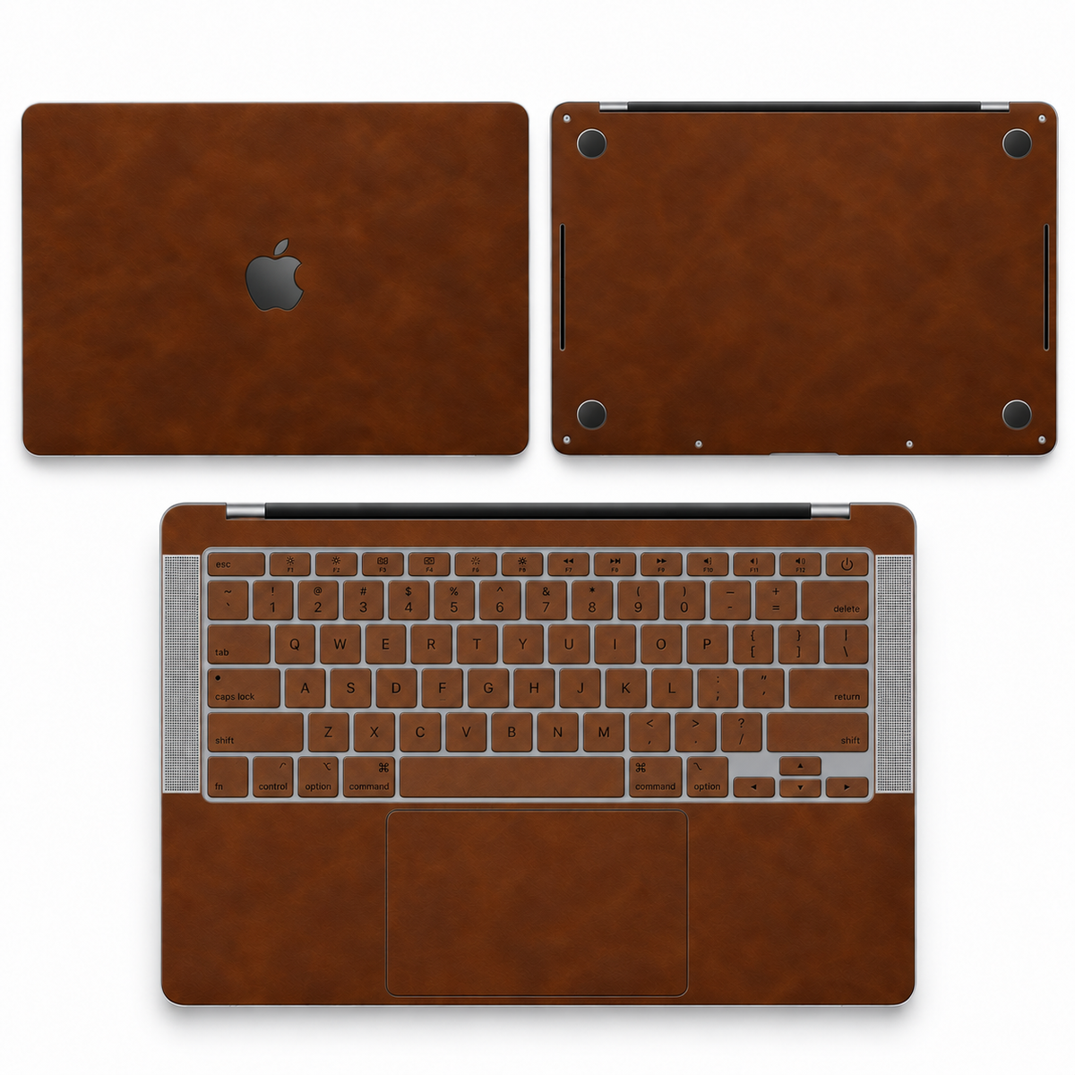 Coffee Brown scrub-textured synthetic leather MacBook skin coverage illustration: top lid, inside and bottom, with matching keycap stickers.