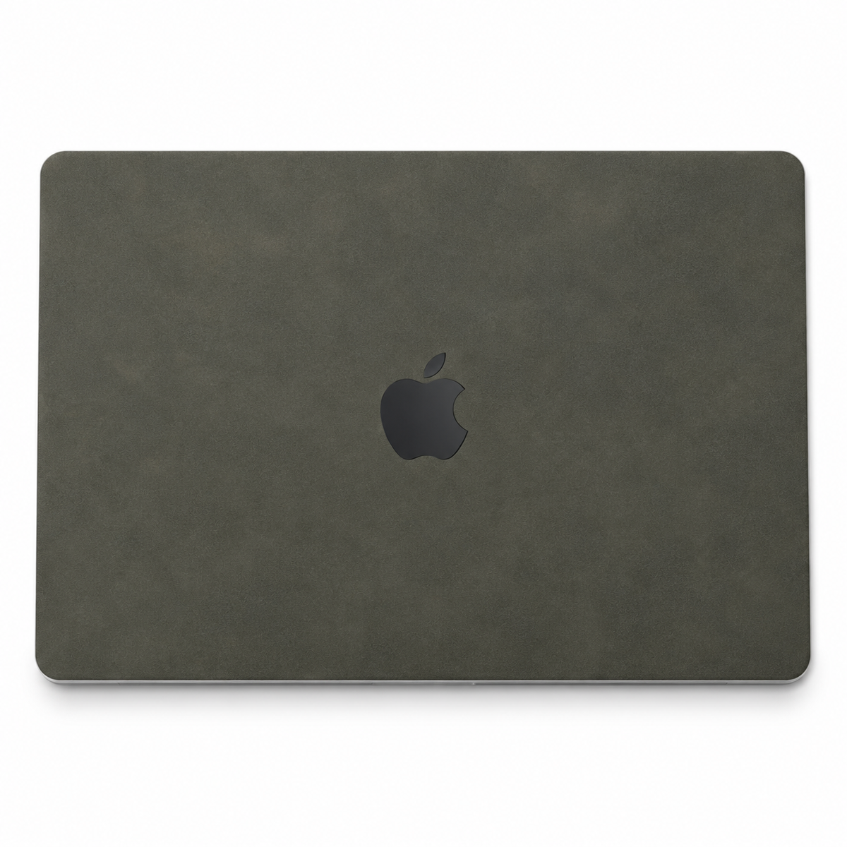 Dark Gray scrub-textured synthetic leather MacBook top lid coverage illustration; cut layout varies by model.
