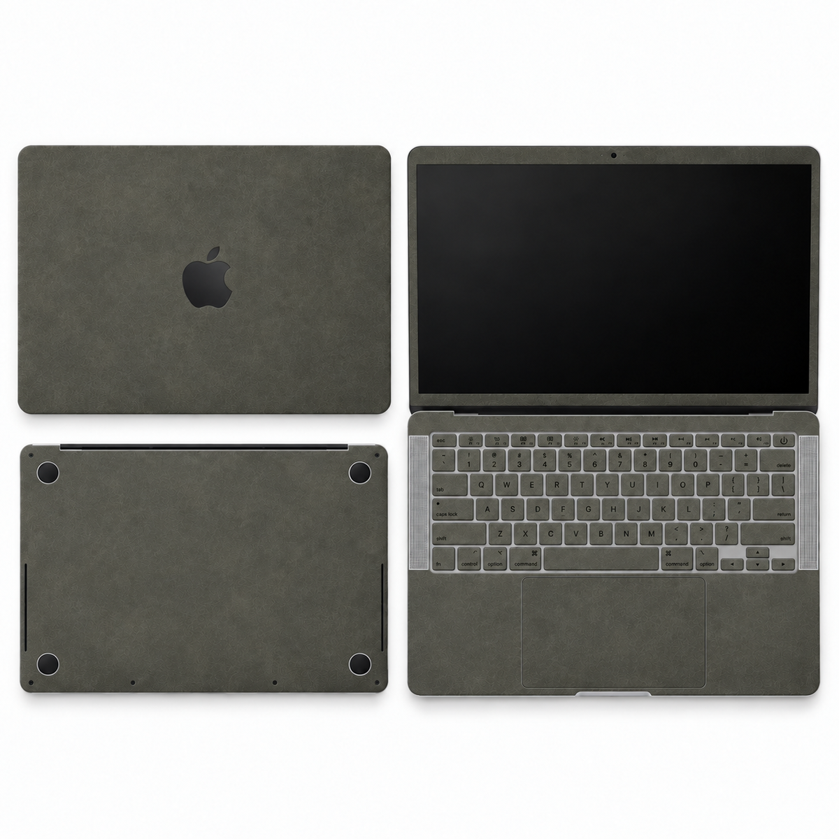 Dark Gray scrub-textured synthetic leather MacBook skin coverage illustration: top lid, screen edge, inside and bottom, with matching keycap stickers.