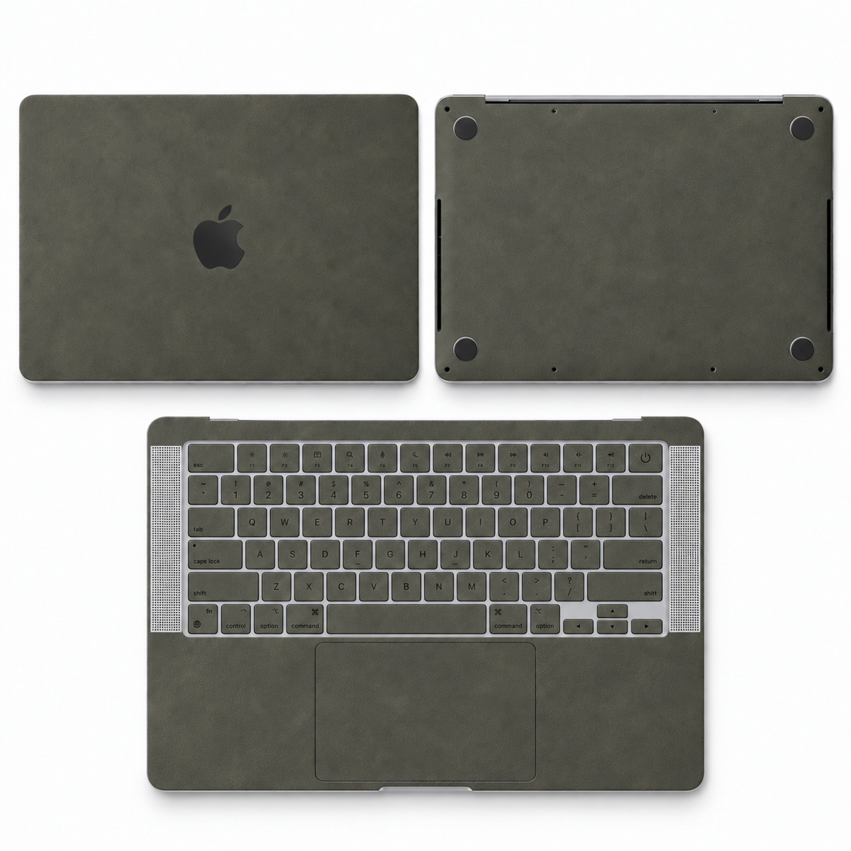 Dark Gray scrub-textured synthetic leather MacBook skin coverage illustration: top lid, inside and bottom, with matching keycap stickers.