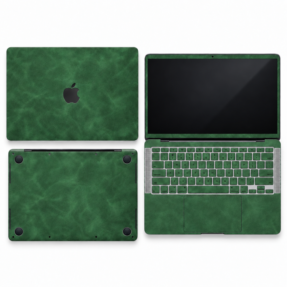Green scrub-textured synthetic leather MacBook skin coverage illustration: top lid, screen edge, inside and bottom, with matching keycap stickers.