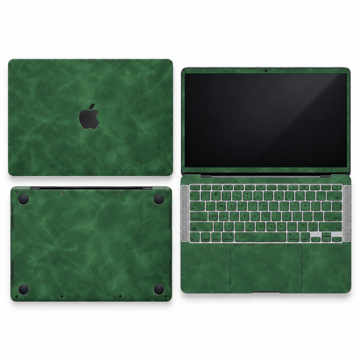 Green scrub-textured synthetic leather MacBook skin coverage illustration: top lid, screen edge, inside and bottom, with matching keycap stickers.