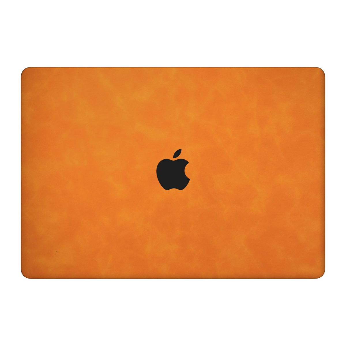 Orange scrub-textured synthetic leather MacBook skin. Top lid (A) material illustration. Air 15.3 M3-M5 shared material/installation illustration; actual cutouts and included pieces follow the selected model and coverage. Laptop not included.
