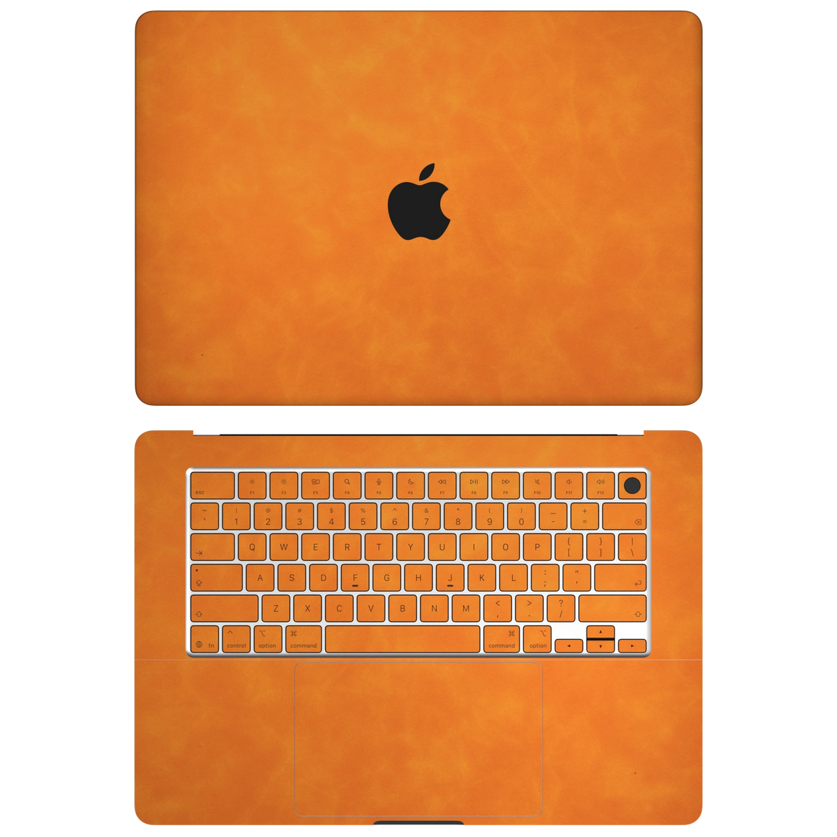 Orange scrub-textured synthetic leather MacBook skin. Top+Inside coverage: A and C with keycap stickers; no D bottom or B screen edge. Air 15.3 M3-M5 shared material/installation illustration; actual cutouts and included pieces follow the selected model and coverage. Laptop not included.