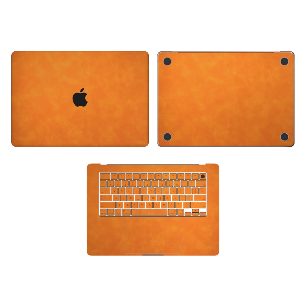 Orange scrub-textured synthetic leather MacBook skin. Top Inside & Bottom Wraps coverage: A, C and D; no B screen edge. Air 15.3 M3-M5 shared material/installation illustration; actual cutouts and included pieces follow the selected model and coverage. Laptop not included.