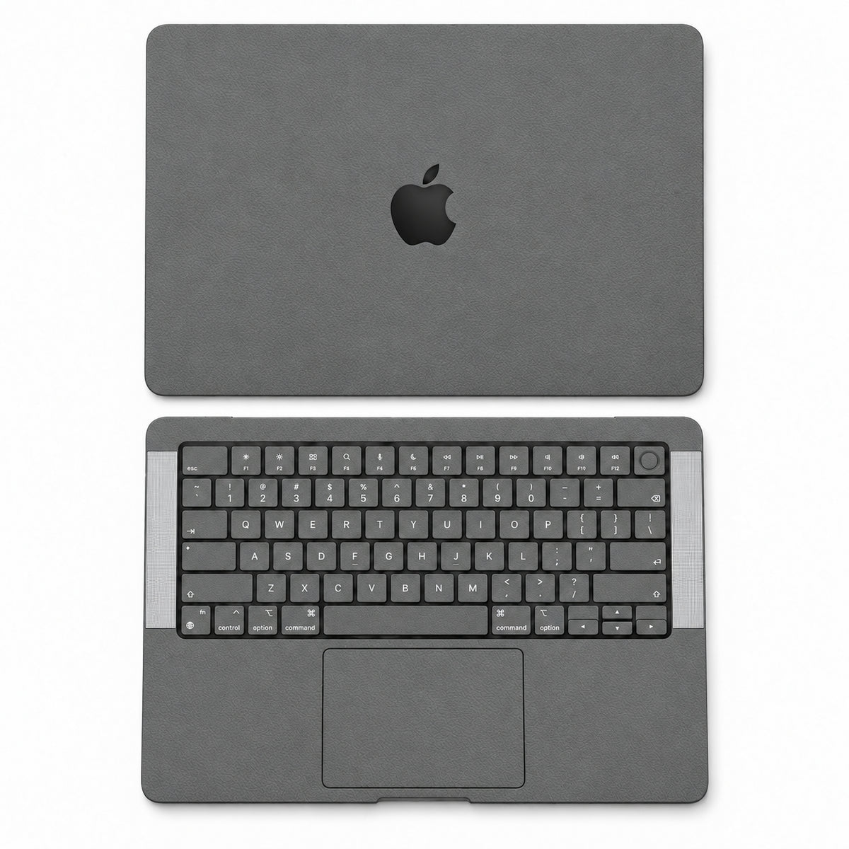 Dark Gray synthetic leather MacBook skin illustration: lid and inside with keycaps.