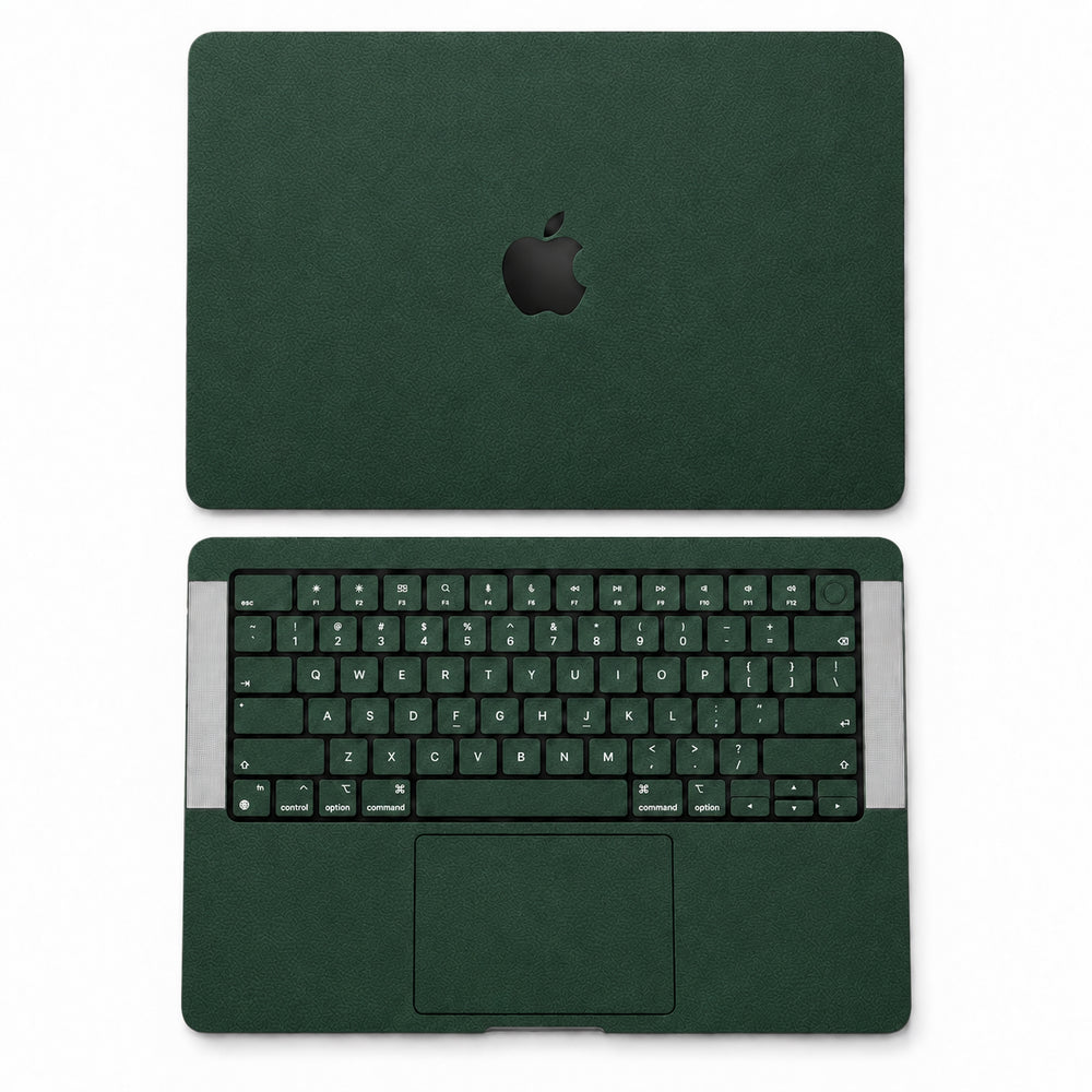 Green synthetic leather MacBook skin illustration: lid and inside with keycaps.