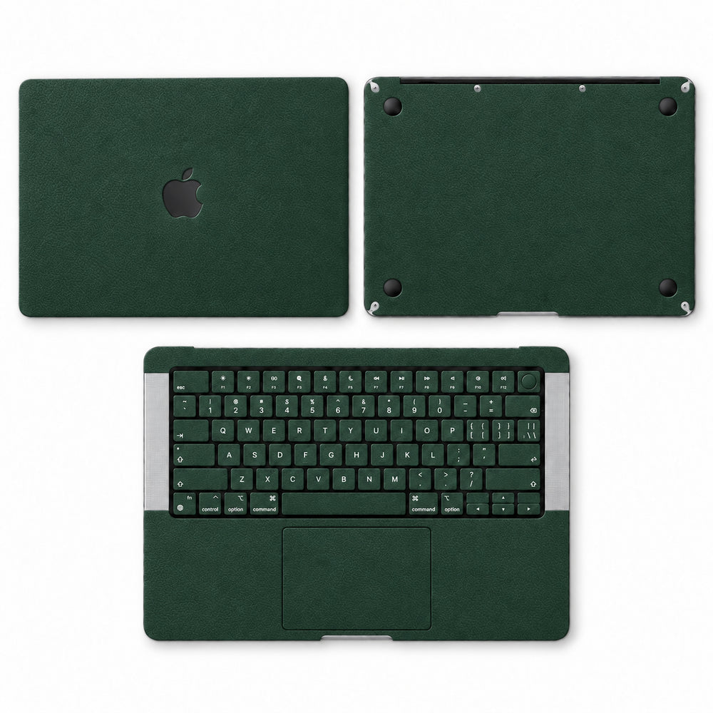 Green synthetic leather MacBook skin illustration: lid, inside with keycaps and bottom.