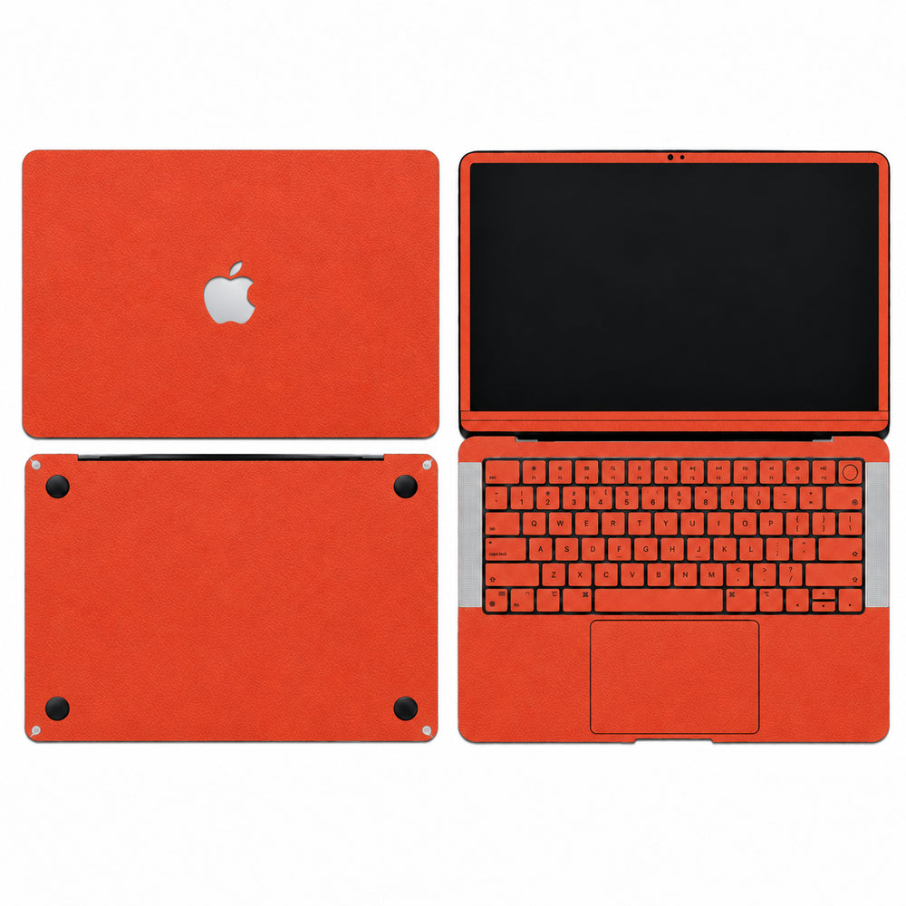Orange Red synthetic leather MacBook skin illustration: lid, inside with keycaps, bottom and screen edge.