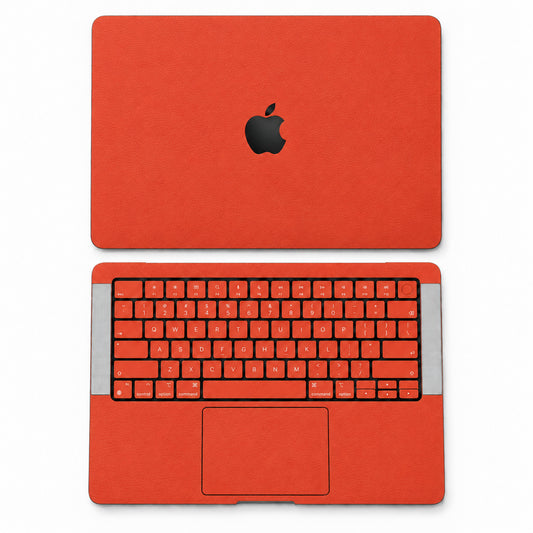 Orange Red synthetic leather MacBook skin illustration: lid and inside with keycaps.