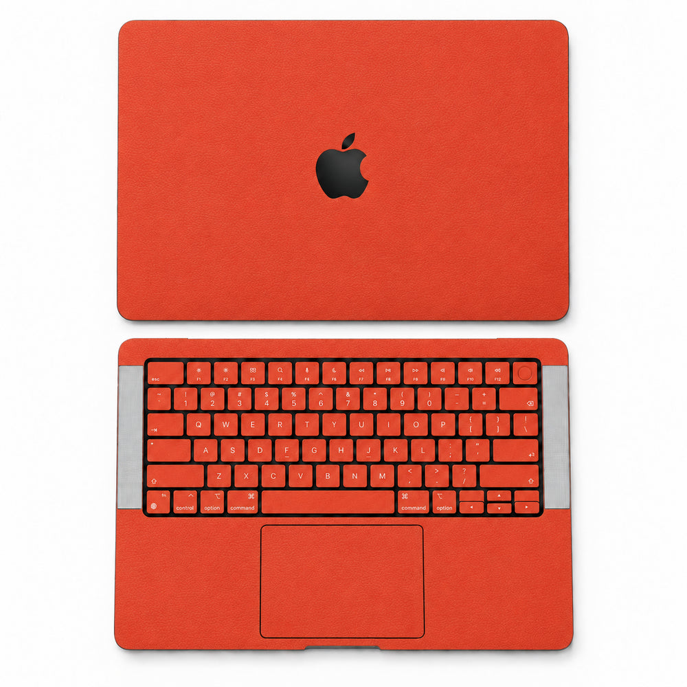 Orange Red synthetic leather MacBook skin illustration: lid and inside with keycaps.