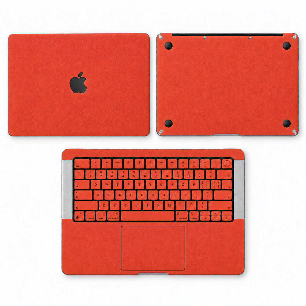 Orange Red synthetic leather MacBook skin illustration: lid, inside with keycaps and bottom.