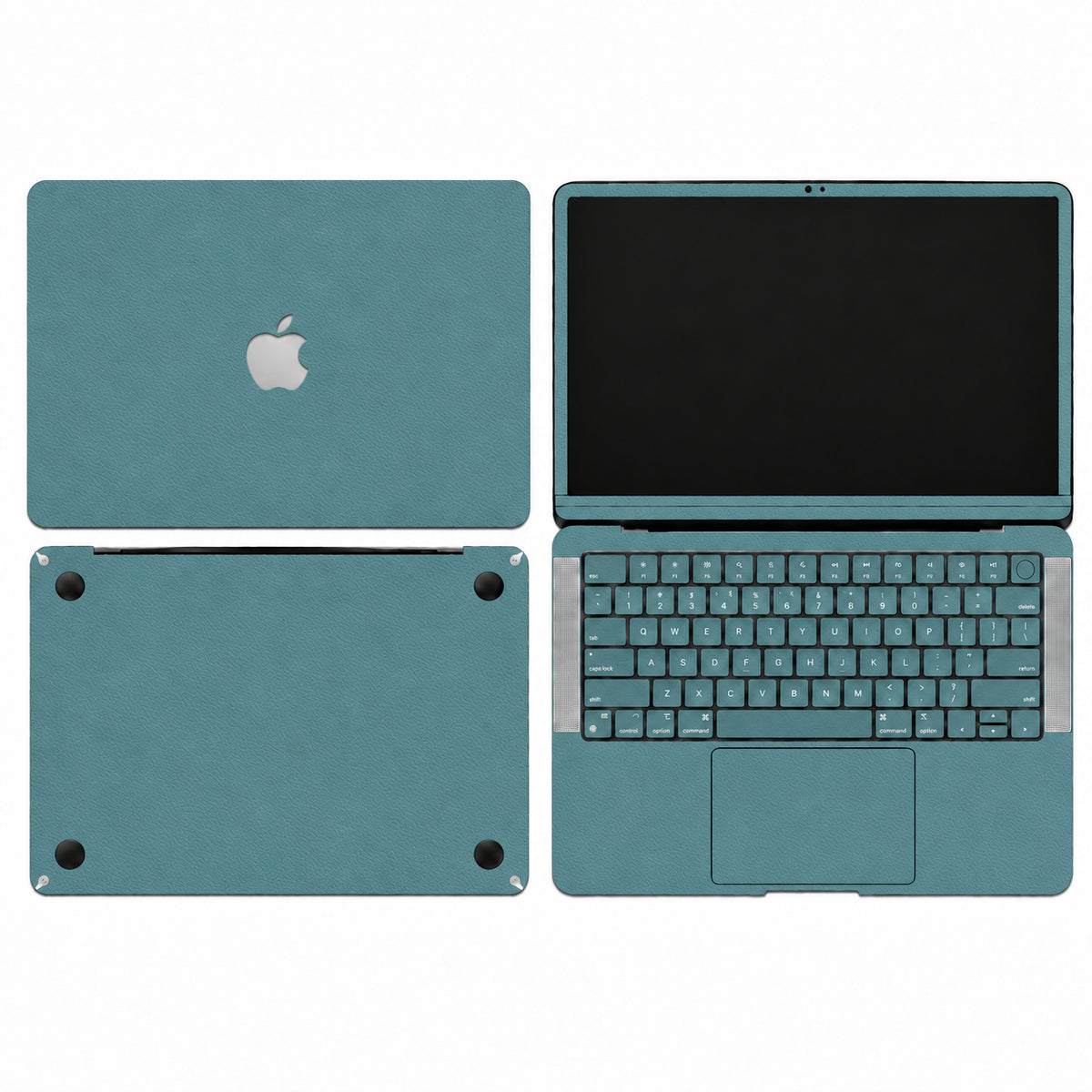 Teal synthetic leather MacBook skin illustration: lid, inside with keycaps, bottom and screen edge.