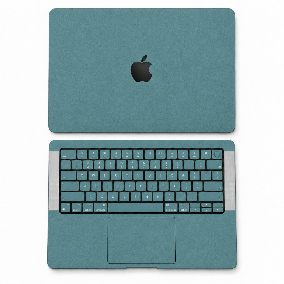 Teal synthetic leather MacBook skin illustration: lid and inside with keycaps.