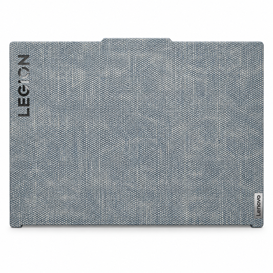 Blue cotton denim fabric Lenovo Legion skin coverage illustration: top lid only. Example device; cuts vary by model.