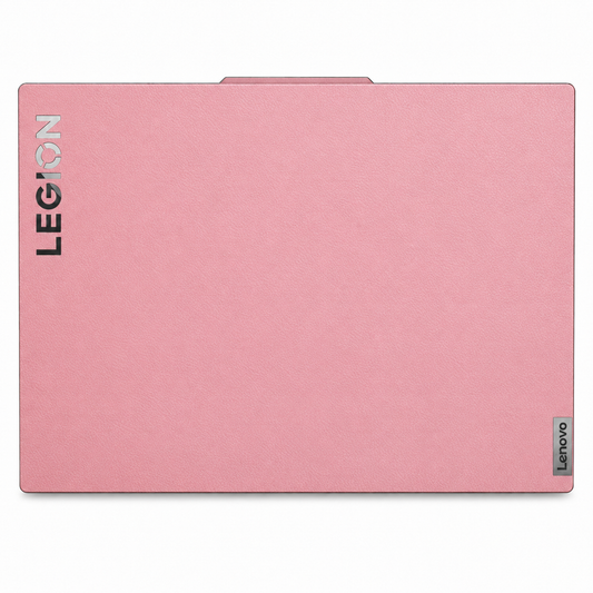 Pink plain synthetic leather Lenovo Legion skin coverage illustration: top lid. Example device; cut layout varies by model.