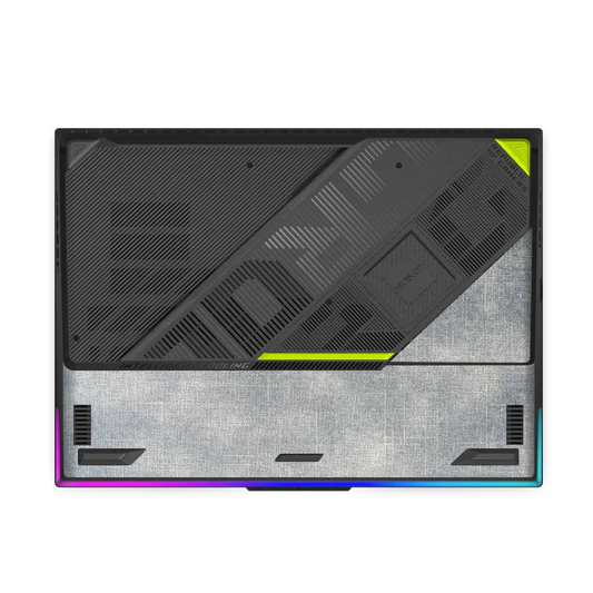 ASUS ROG Strix G18 2025 Denim Blue laptop bottom view with vents and textured surface