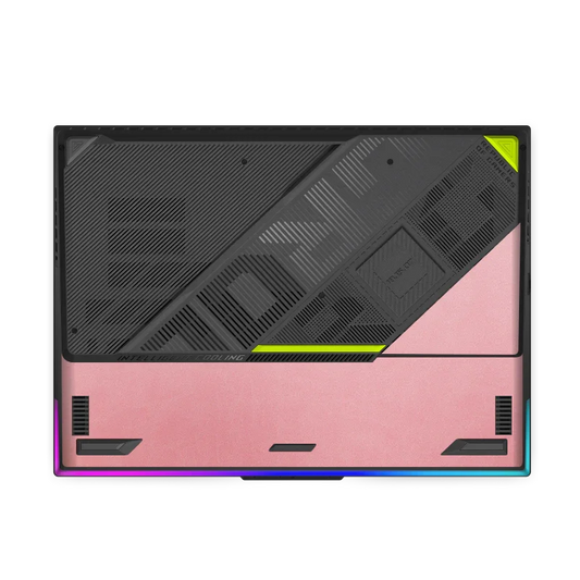 ASUS ROG Strix G18 2025 gaming laptop pink bottom with black cooling vents and neon accents