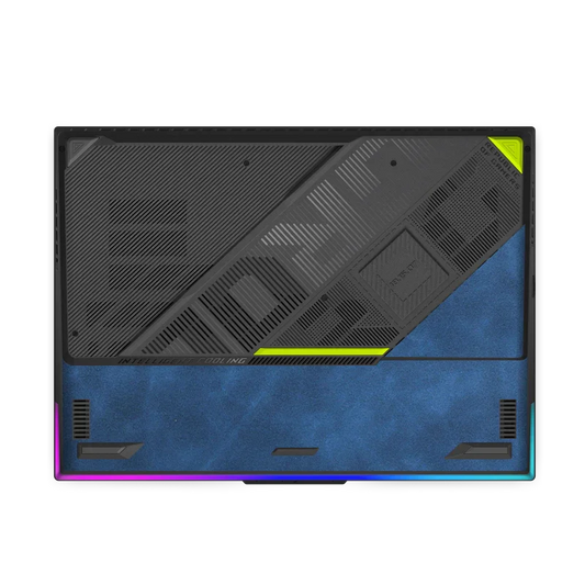 ASUS ROG Strix G18 gaming laptop bottom panel with blue scrub leather and black ventilation grills