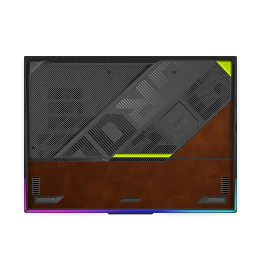 ASUS ROG Strix G18 gaming laptop bottom panel with scrub leather coffee finish and RGB lighting