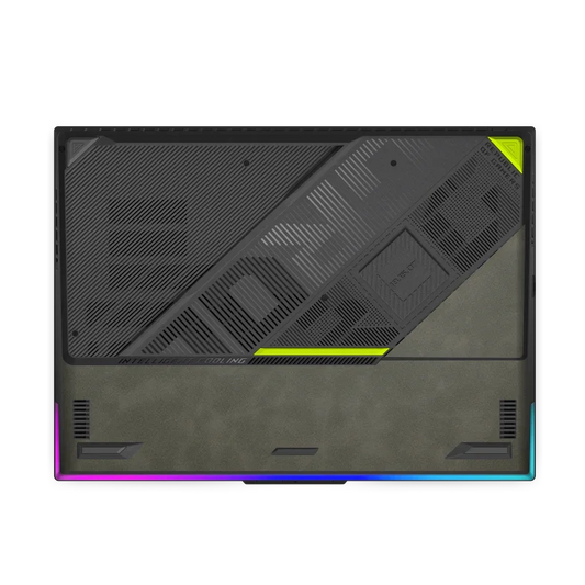 Bottom view of ASUS ROG Strix G18 gaming laptop with gray scrub leather finish and RGB lighting