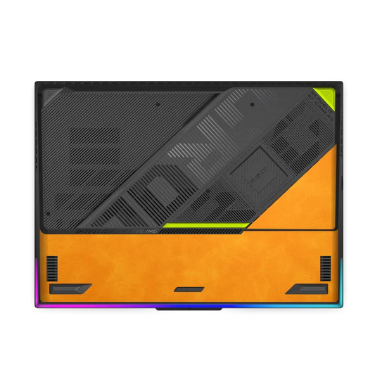 ASUS ROG Strix G18 2025 orange scrub leather laptop bottom view with black vents