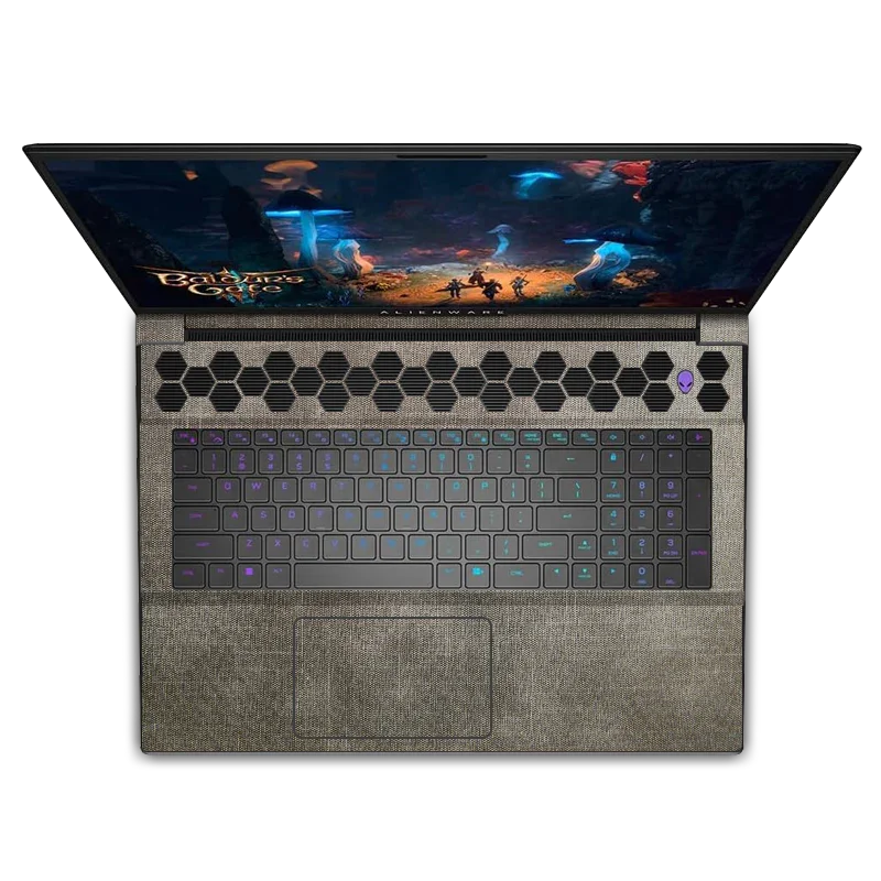 Dell Alienware M18 R1 R2 Denim Black gaming laptop with RGB keyboard, top view