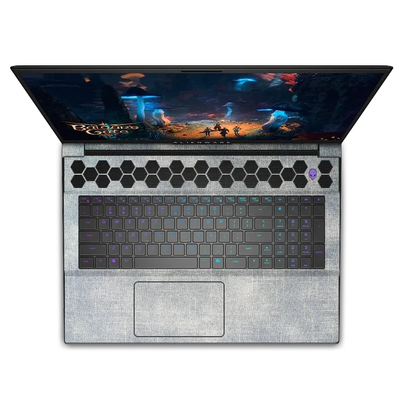 Dell Alienware M18 R1 R2 Denim Blue laptop with RGB keyboard and hexagonal vents
