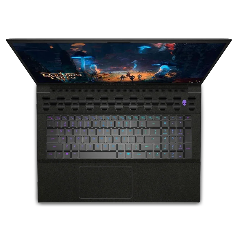 Dell Alienware M18 R1 R2 gaming laptop black interior with RGB keyboard and game screen