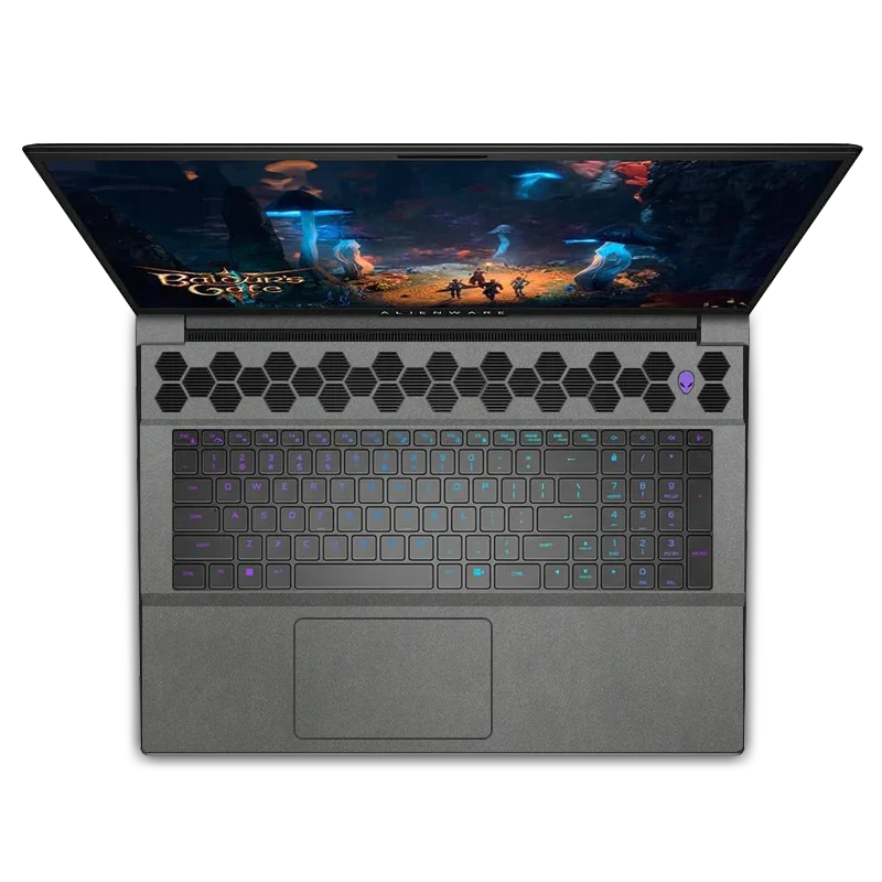 Dell Alienware M18 R1 R2 laptop with gray leather interior, RGB keyboard, Baldur’s Gate screen