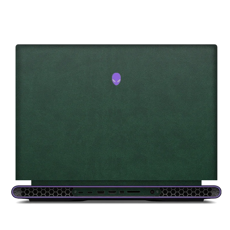 DELL Alienware M18 R1 R2 laptop with plain green leather top lid and purple alien logo