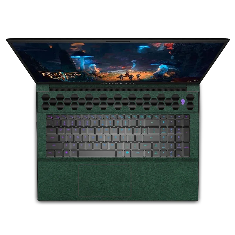 DELL Alienware M18 R1 R2 laptop with green leather interior, RGB keyboard, and game screen